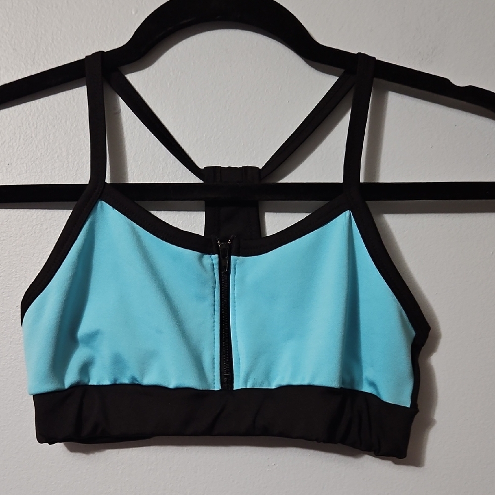 TIA'S Platinum Black and Blue Youth Sports Bra Size YL Zip Front Padfree